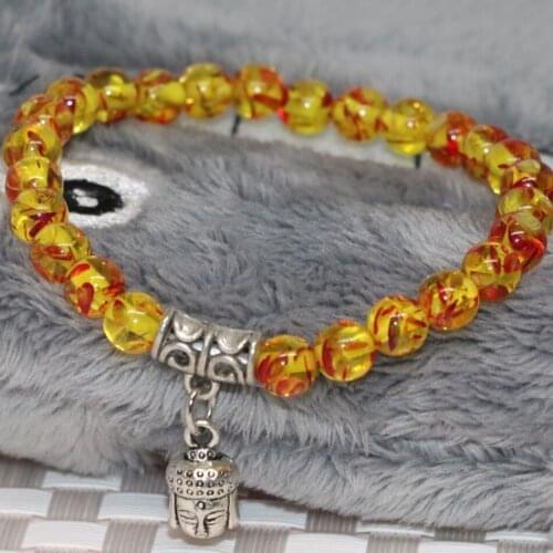 Wholesale Price Women Beaded Bracelet Popcorn Yellow Imitation Resin Beeswax Round Beads 6mm Buddha Pendant Jewelry 7.5inchB2118