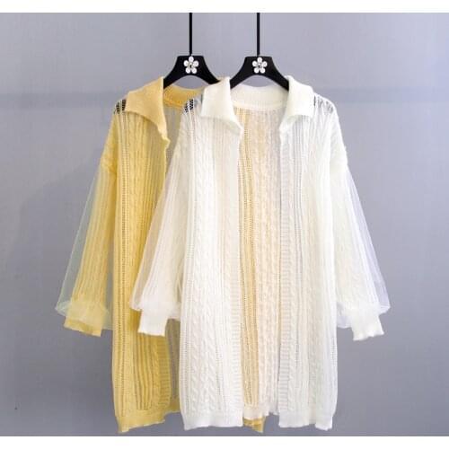 Outer thin knitted cardigan jacket womens spring summer 2021 new lace stitching mid-length sunscreen air-conditioning shirt 126