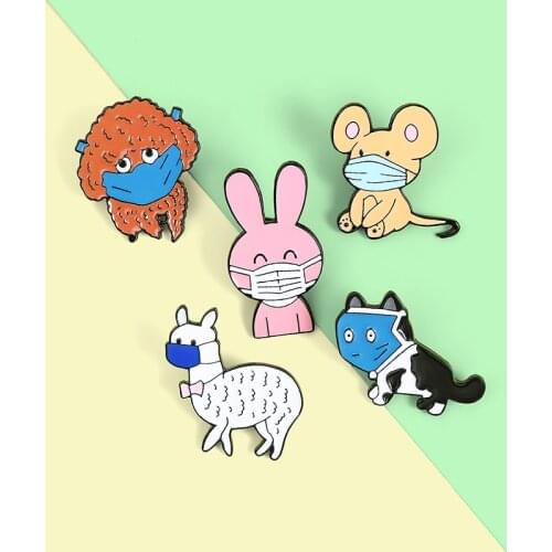 Wear Mask Animal Enamel Pins Cartoon Kitten Alpaca Mouse Rabbit Brooches Badges Clothes Lapel Pin Jewelry Gift Friends Wholesale