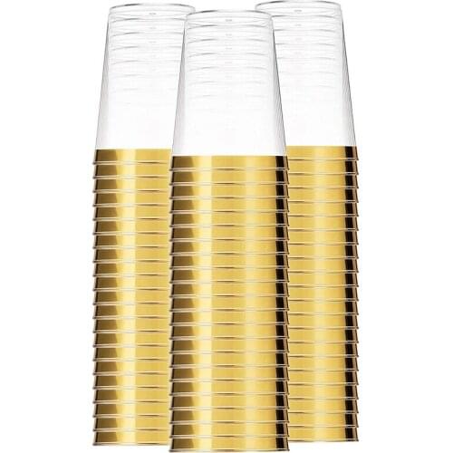 100x Gold Plastic Cups 10 Oz Clear Plastic Cups Tumblers Gold Rimmed Cups Fancy Disposable Wedding Cups Elegant Party Cups with