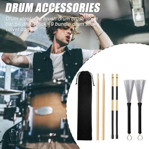 6psc/Lot Drum Sticks Wooden Drumsticks Set Steel Wire Brushes with Storage Bag Lightweight Portable Music Element