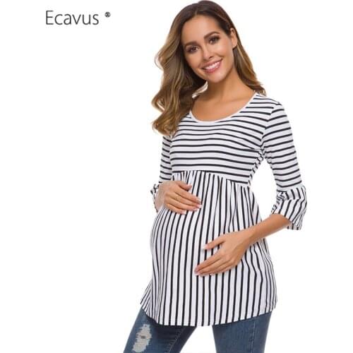 Maternity Blouses Top Pregnancy T-Shirt 3/4 Flare Sleeve Striped Maternity Clothes Pregnant Shirt Casual Womens Clothing