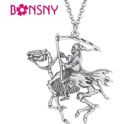Bonsny Halloween Alloy Antique Gold Plated Grim Reaper Necklace Long Skeleton Pendant Jewelry For Women Girls Kids Classic Gift