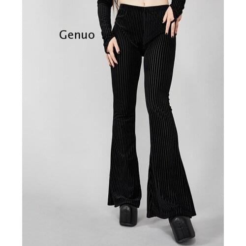 Black Vintage Women High Waist Suede Stripe Skinny Leg Pants Spring Female Streetwear Dark Elasticity Trousers