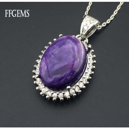 FFGem Natural Charoite big Oval purple gemstone special Silver Pendant Necklace white Gold Women Fine Jewelry Party Wedding Gift