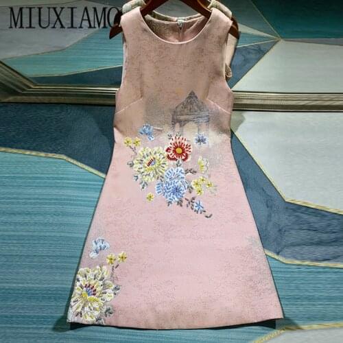 MIUXIMAO Luxurious 2020 Fall dress Party dress Flower Diamonds Above Knee Tank Office Lady Pink Casual Dress Women Vestidos