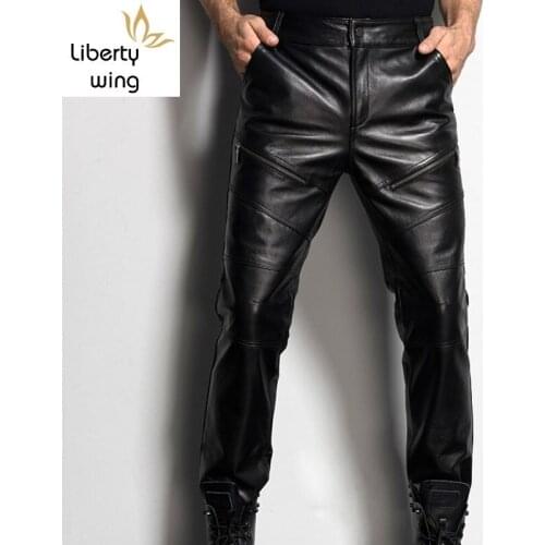 Mens Motorcycle Biker Full Length Pants New Fashion Male Trousers Genuine Leather Sheepskin Slim Fit Korean Style Fur Lining