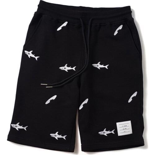 Men New Embroidery Novelty shark Comfortable Classic Striped Skateboard Street Cotton Casual Shorts Kanye Hip-hop Parkour #L28
