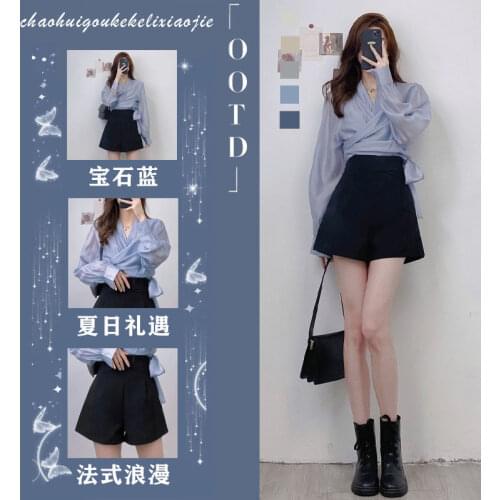 Summer 2021 New French Gentle Early Autumn Blue Shirt + Casual Shorts Two-piece Suit