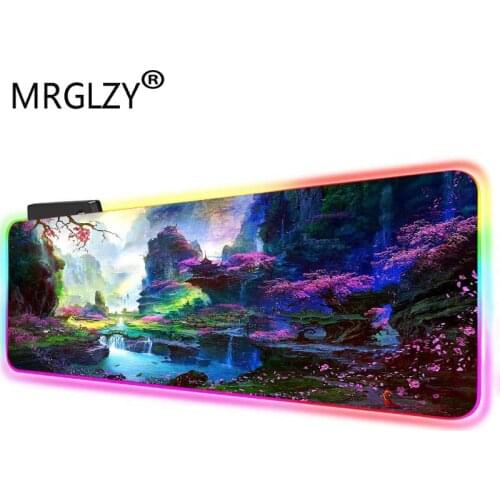 MRGLZY big gaming mousepad flower forest landscape RGB computer accessories suitable for table mats, large size with backlight