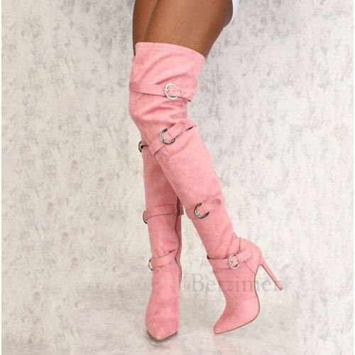 BERZIMER Pink Women Thigh High Heels Boots Faux Leather Over Knee High Heels Tall Boots Zapatos Mujer Shoes Woman Big Size 39 47