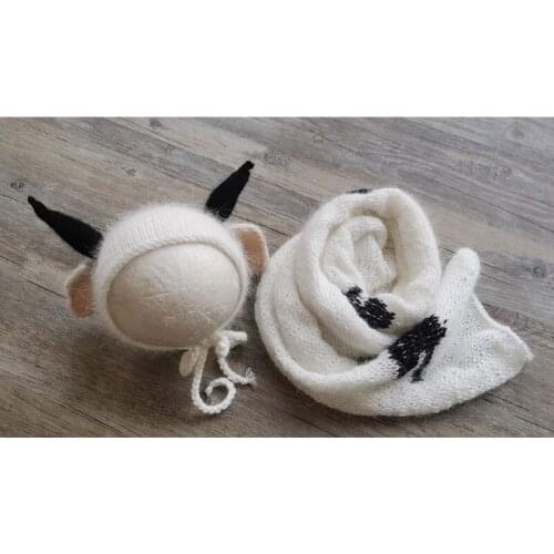 2 Pcs Infants Mink Fur Cute Cow Ear Hat Wrap Set Baby Blanket Beanie Cap Kit Newborn Photography Props Photo Shooting 69HE