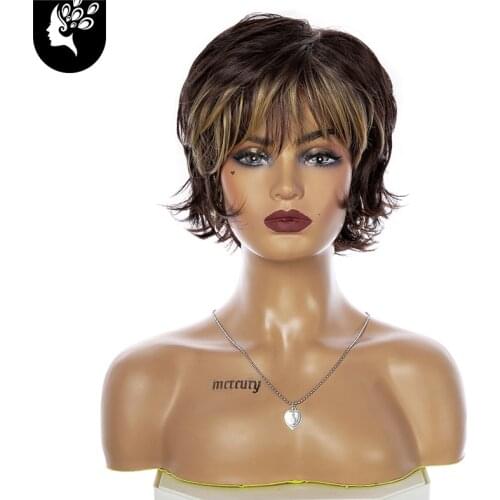 10Inch Light Brown Highlights Synthetic Wigs For White Women Fluffy Natural Wave Short Wig with Bangs Daily Use Your Beauty