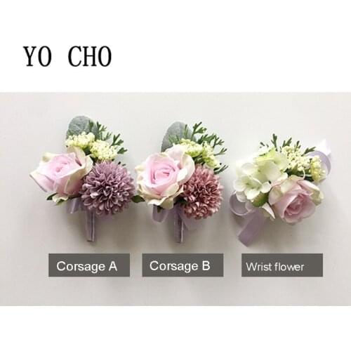 YO CHO Rose Boutonniere Wrist Corsage Bracelet Wedding Silk Flower Groom Boutonniere Buttonhole Wedding Corsage Accessories