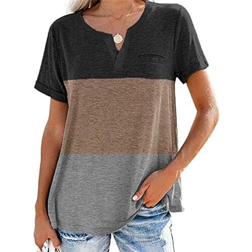 Ladies Fashion New V-Neck Three Color Matching Pocket Casual Short-Sleeved T-Shirt 2021 Summer Casual Loose Cotton Stitching Top