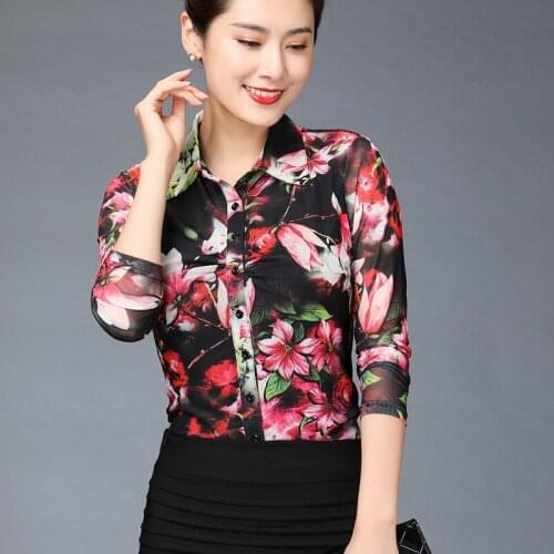 2019 Fashion Office Woman Long Sleeve Floral Printed Mesh Blouse Shirts Top , 4xl Slim Stretch Casual Tops And Blouses For Women