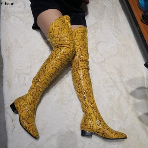 Olomm New Arrival Women Over The Knee Boots Square Low Heels Boots Pointed Toe Sexy Yellow Party Shoes Women Plus US Size 5-15