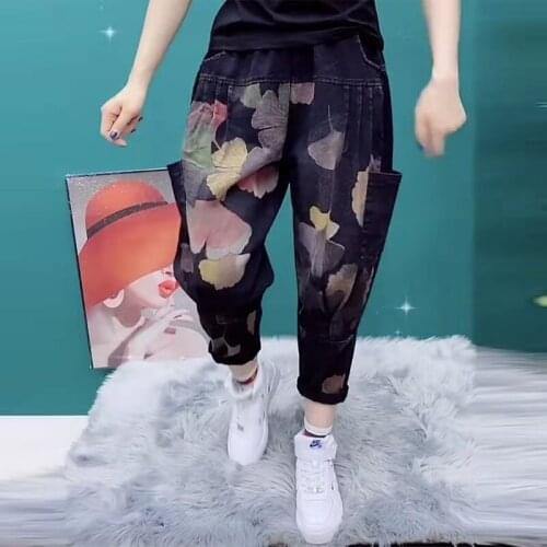2021 New Arrival Spring Arts Style Women Loose Casual Elastic Waist Harem Pants Cotton Denim Vintga Print Patchwork Jeans W257