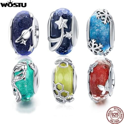 WOSTU 2019 New 925 Sterling Silver Blue Insterstellar Glass Beads Charms Fit Women Unique Bracelet & Bangle Jewelry Gift CQC1284