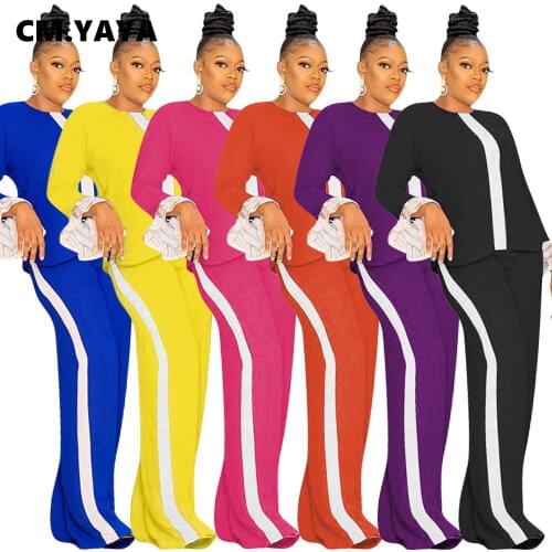 CM.YAYA Patchwork Two 2Piece Set for Women High Street Long Sleeve Tops Straight Pants Set Tracksuit Fitness Matching Set Outfit