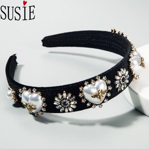 LOVE SUSIE Women Hairband Black Gold Velvet Broad Brim Headband Alloy Bee Hair Accessories Inlaid Love Pearl Baroque Hair Band