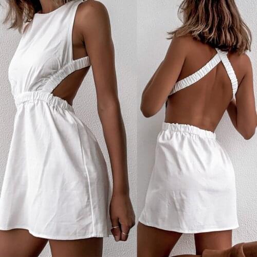 Back Cross White Tank Dress Women Casual Sleeveless Mini Dress Summer Chic Ladies Round Collar High Waist Flared A-Line Dress #S