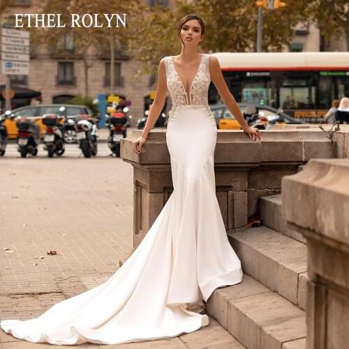 ETHEL ROLYN Mermaid Wedding Dress 2021 Delicate Beading Lace V-Neck Bride Charming Backless Stretch Satin Sleeveless Bridal Gown