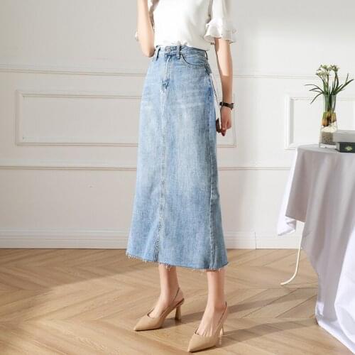Women Vintage High Wasit Jeans Skirt Long Denim Dress with Pockets Straight A-Line Pencil Midiskirt Female 2021Summer