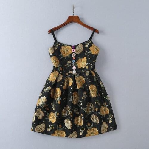 Luxury cute bow grow dress spaghetti strap diamonds buttons party jacquard dresses new 2018 summer women fashion black gold