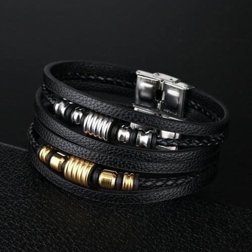 2021 Fashion Charm Jewelry Stainless Steel Leather Bracelet Vintage Titanium Steel Bracelets Bangles Cuff Bracelet Men Pulseira