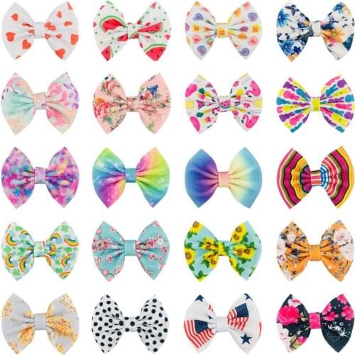 60pc/lot New 4.5'' Floral Prints Waffle Fabric Hair Bow With Clip For Girls Knotbow Nylon Headband Hairpin Kids Hair Accessories