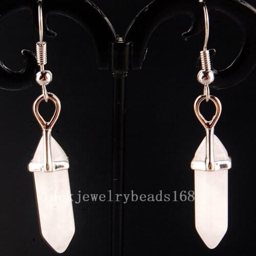 Free Shipping Women Fashion Jewelry White Crystal Hexagonal Reiki Chakra Beads Dangle Earrings Pair C4157