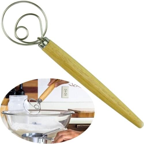 Aomily Dough Blender 13 Inch Whisk Eggs Beater Mixer Tool 304 Stainless Steel Blender Wood Handle for DIY Cake Dough Bakeware