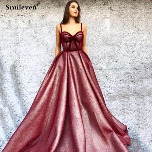 LORIE Burgundy Shiny Sweetheart Neck Evening Dresses 2021 Sexy Spaghetti Strap Prom Gowns Backless Wedding Party Dress