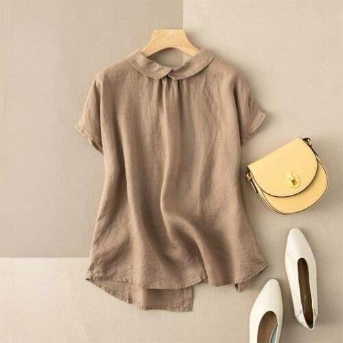 Cotton Linen 100% Solid Women Blouse Summer Vintage Straight Loose Female Outwear Tops