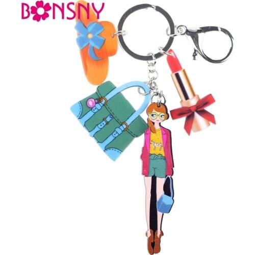 Bonsny 2016 New Girl Hat Lipstick Marvel Acrylic Key Chain For Keyring Women Girl Keychain Bag Charm Pendant Jewelry Aceessories