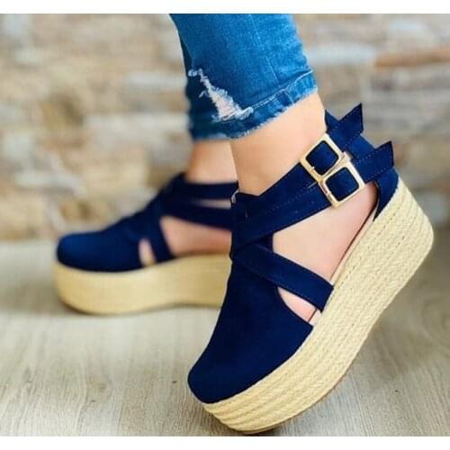 Womens Sandals Vintage Wedge Shoes Woman Buckle Strap Straw Thick Bottom Flats Platform Sandals Flock Female Shoes Summer 2021