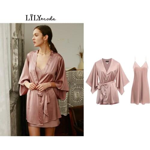 Lilymoda Brand 2019 New Arrival Nightwear Satin Wedding Bridesmaid Robe Floral Bathrobe + Dress V Neck NightdressFor Women