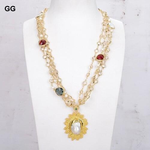 GG Jewelry 23'' 4Strands White Crystal Pave Chain Necklace Yellow Gold Color Plated Keshi Pearl Pendant Necklace For Women Party