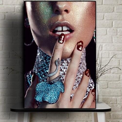Sexy Red Lips Fork and Ring Nude Art Woman Oil Painting on Canvas Cuadros Posters and Prints Wall Art Picture for Living Room