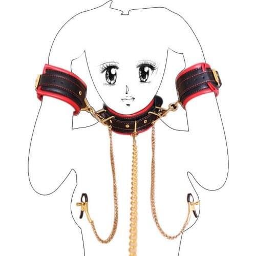 Leather Armbinder Neck Sleeve Nipple Handcuffs Set Bondage BDSM Fetish Slave Adult Sex Styling SM Sex Toys