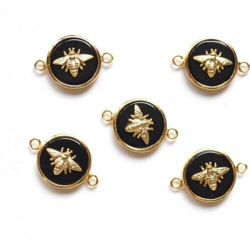 Round black obsidian connector pendants with gold electroplated insect paved pendant