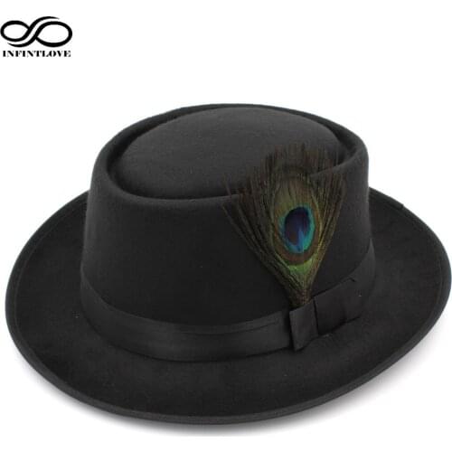 LUCKYLIANJI Unisex Retro Vintage Wool Felt Pork Pie Porkpie Hat Cap Oval Short Brim Peacock Feather Band (One Size:7 1/4 58cm)