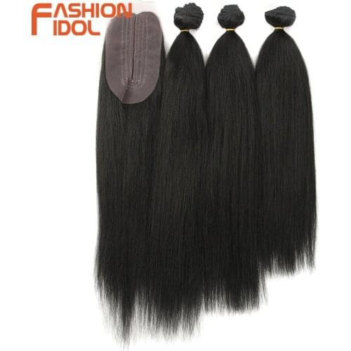 FASHION IDOL Kinky Straight Synthetic Hair Bundles Lace With Closure 18-22 Inches Hair Weaves Ombre Brown Blonde Hair Extensions
