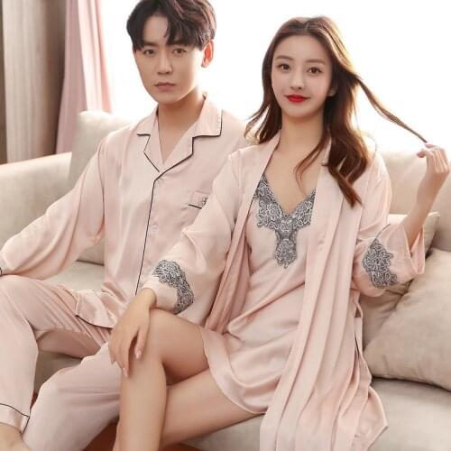 Couple Silk Satin Pajamas Set Long Sleeve Long Pants Sleepwear Pijama Pyjamas Suit Women Men Sleep 2PCS Loungewear Home Clothes