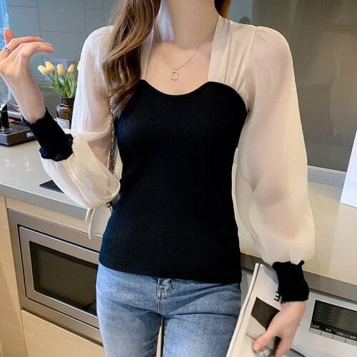 Chikichi 2021 Autumn New Style Korean Fashion Knitted Stitching Lantern Sleeve Long-sleeved Shirt Blouse Base Shirt Woman Tops