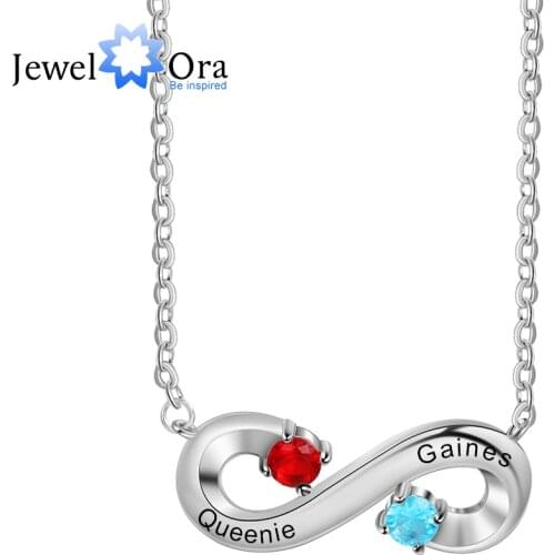 JewelOra 925 Sterling Silver Personalized Infinity Neck;ace with 2 Birthstones Custom Engraved Name Mother Necklace Gift for Her