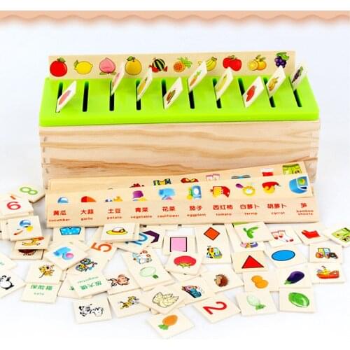 Early Education Puzzle Wooden Shape Matching Number Fruit Chinese Character Cognitive Toy Classification Box