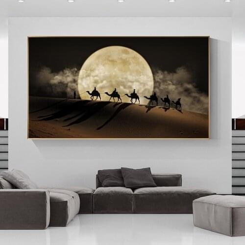 Landscape Canvas Painting Desert Wall Art Posters And Prints Camel In The Desert Canvas Art Moon Night Scene Picture Wall Decor