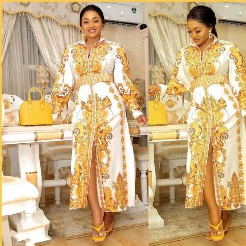 MCK Kitenge Dress Designs for African Women Print Boubou Maxi Long Kaftan Gold Golden Floral Button Belt Mom Plus Size Clothes
